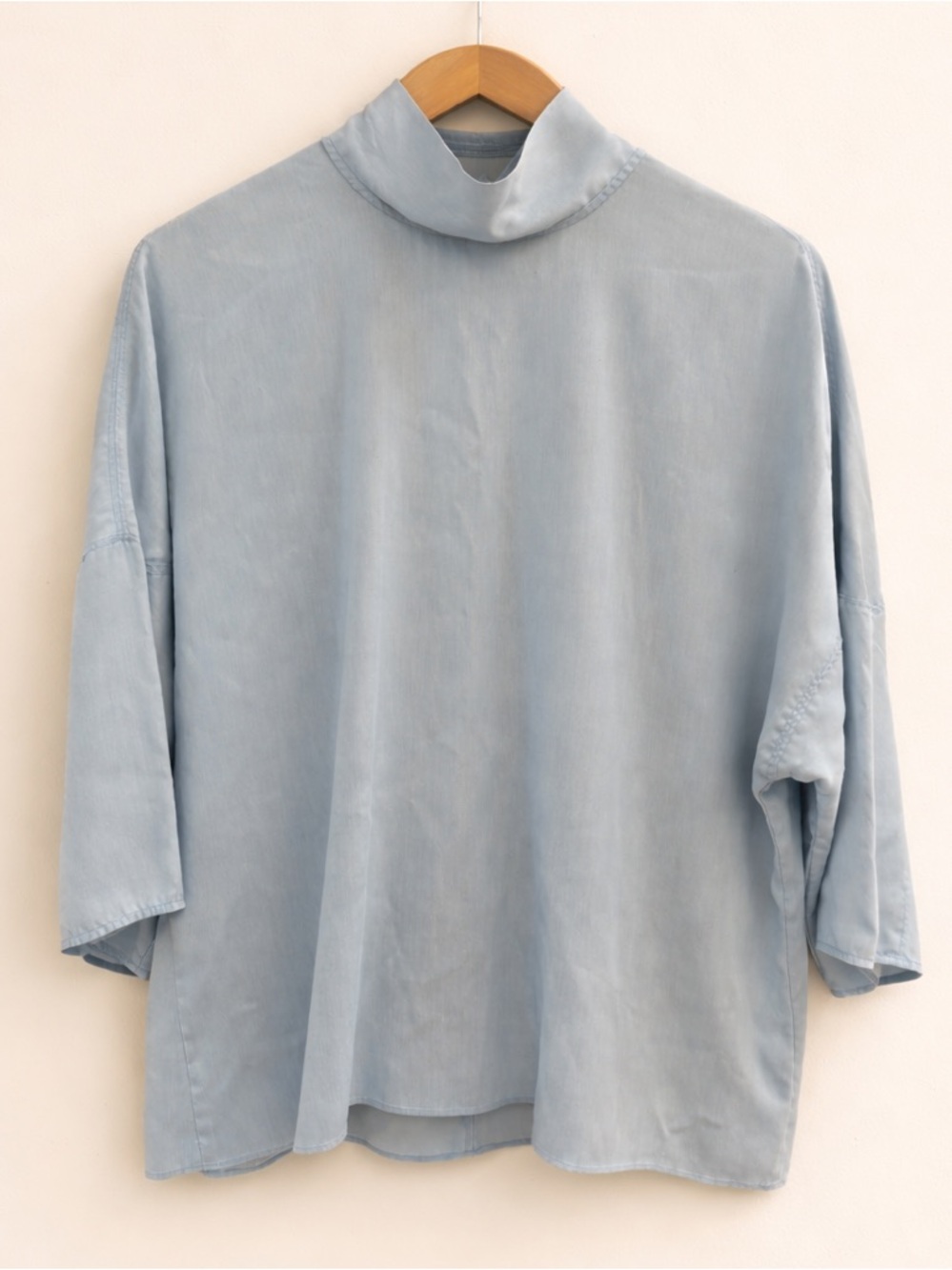 Tibi Funnel Tie Neck Top Blue Lyocell Dolman Sleeve Boxy Minimalist Size L